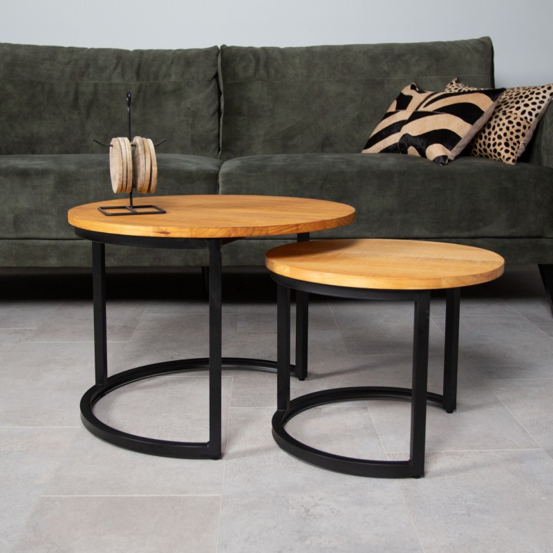 Pine Coffee Table Set Tuvalu 2 Pieces, Wood And Black Metal Coffee Table Sets